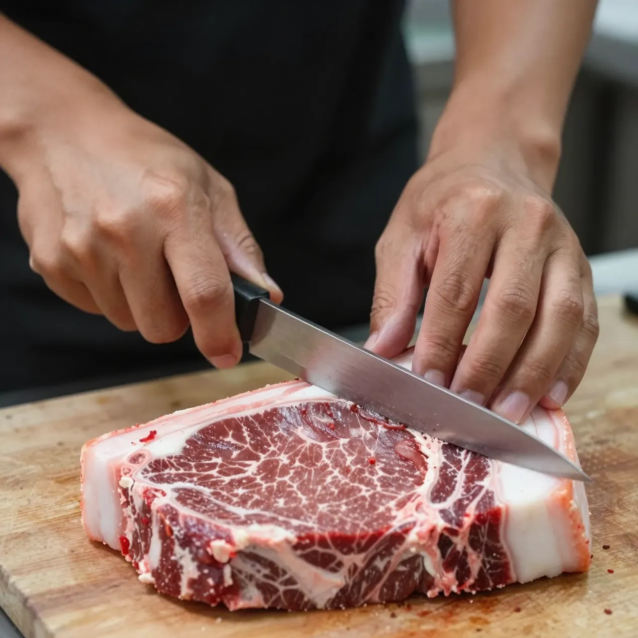 Butcher's hands use a boning knife to trim fat from a marbled raw steak on a wooden cutting board