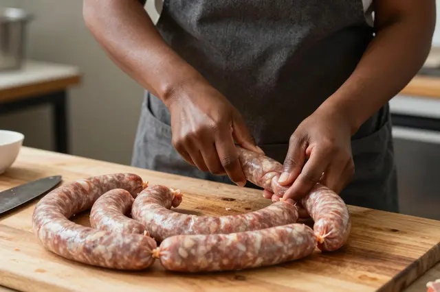 An adult Black woman twists linked raw sausages on a wooden kitchen countertop