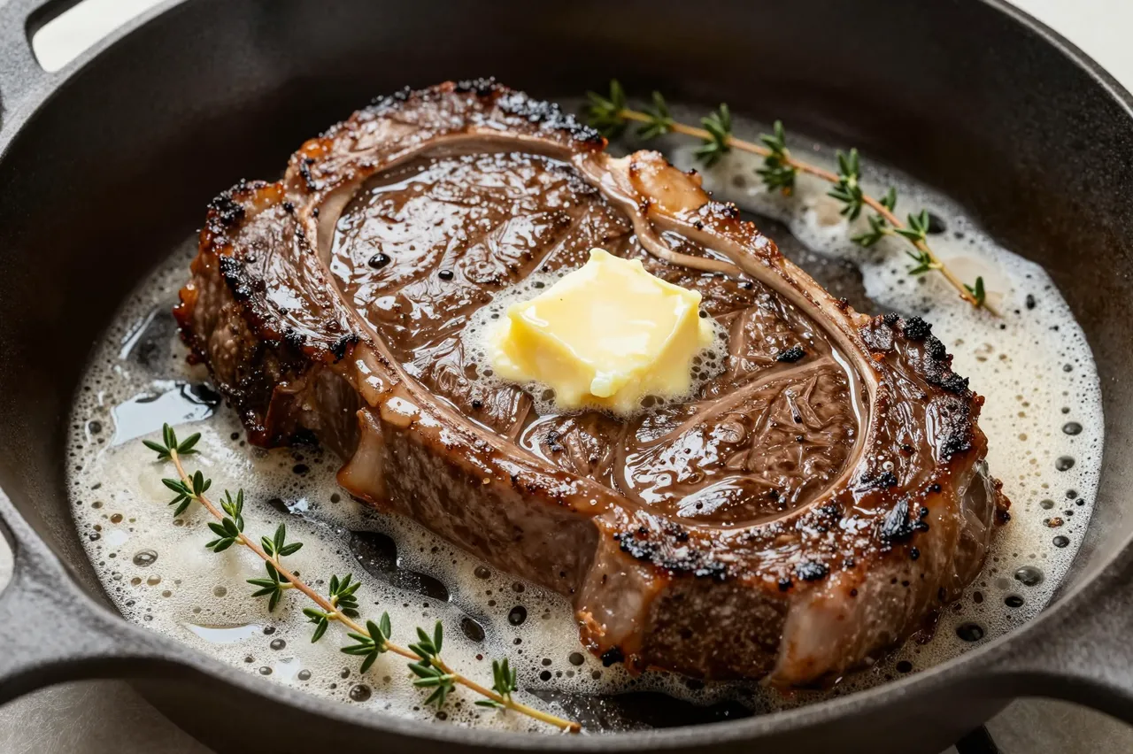 Seared ribeye steak topped with melting butter sits in a cast iron skillet with foaming butter and fresh thyme sprigs.