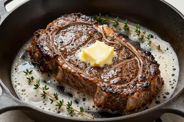 Seared ribeye steak topped with melting butter sits in a cast iron skillet with foaming butter and fresh thyme sprigs.