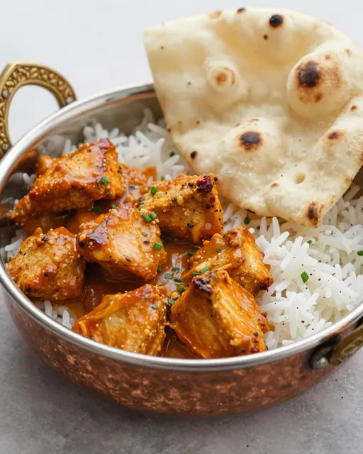 Copper serving bowl holds butter chicken curry over basmati rice with a piece of charred naan bread.