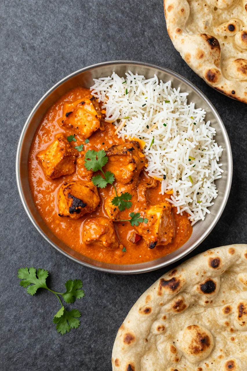 Overhead view of butter chicken curry, basmati rice, blistered naan and fresh cilantro on a dark stone table