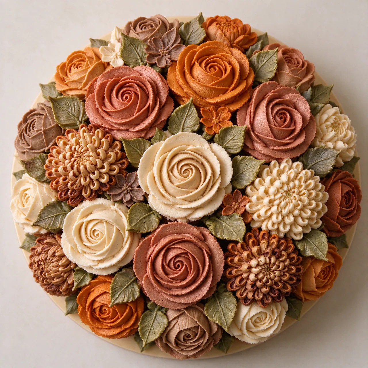 Overhead view of a round cake decorated with muted fall buttercream flowers and leaves