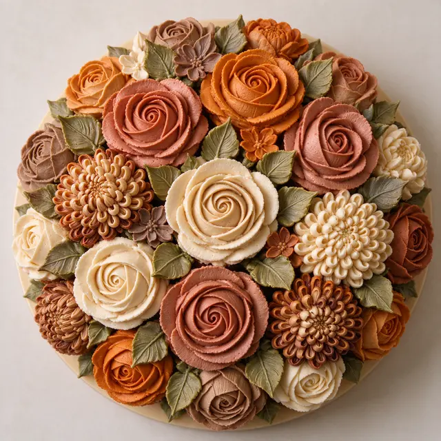Overhead view of a round cake decorated with muted fall buttercream flowers and leaves