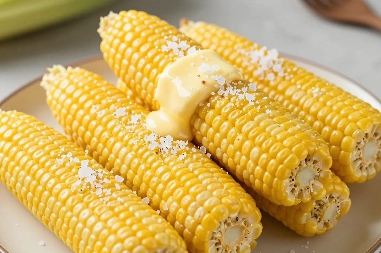 Piled boiled corn on the cob with melting butter and flaky salt on a light plate