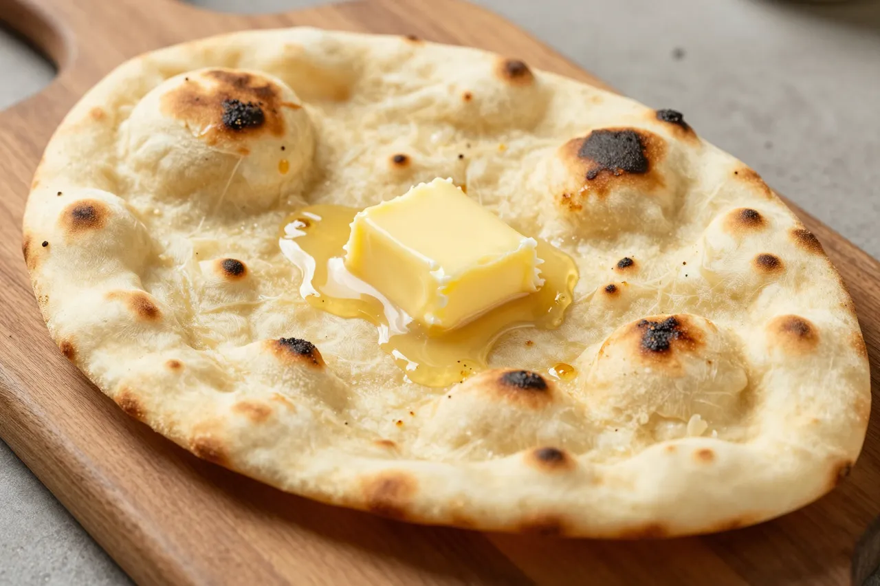 Fresh tandoor garlic naan topped with melting butter rests on a wooden serving board