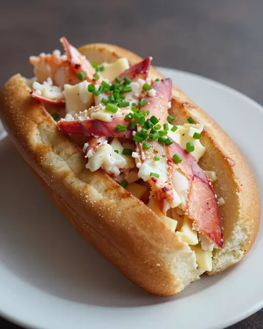 A close-up view of a lobster roll garnished with chives resting on a white ceramic plate