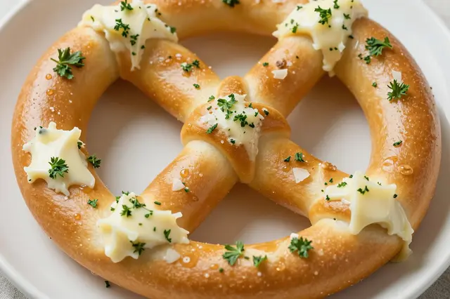 A golden twisted soft pretzel on a white plate topped with melted butter and fresh parsley