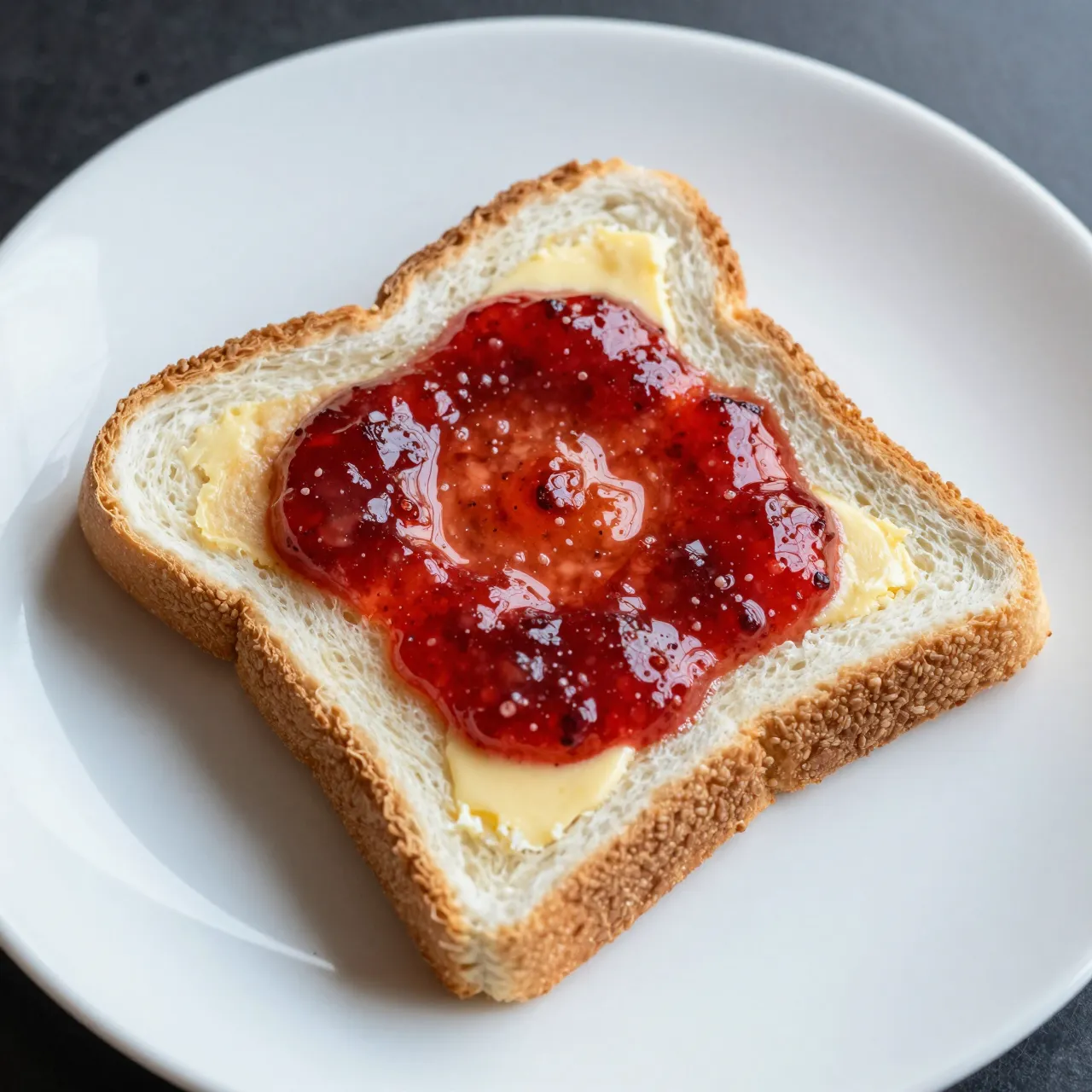 Top down view of toasted white bread with butter and strawberry jam on a plain white breakfast plate.