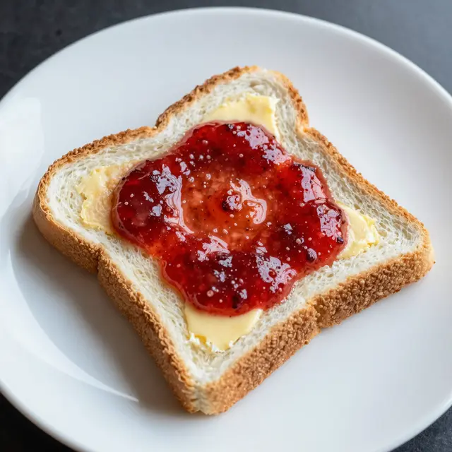 Top down view of toasted white bread with butter and strawberry jam on a plain white breakfast plate.