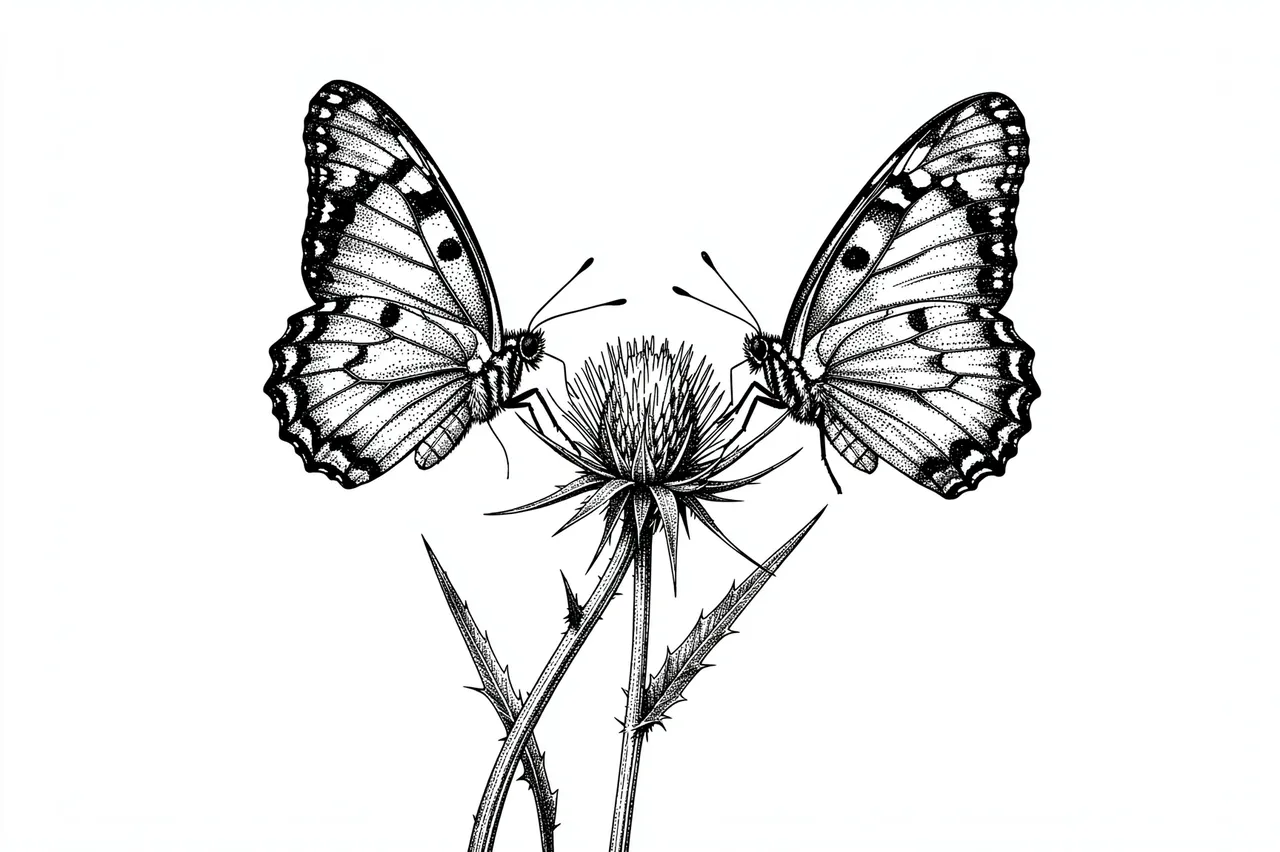 Pen and ink stippled drawing of two symmetrical butterflies perched around a thistle flower head on a plain white background