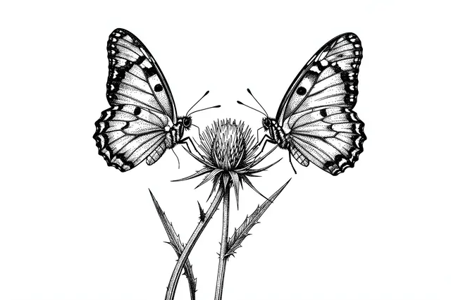 Pen and ink stippled drawing of two symmetrical butterflies perched around a thistle flower head on a plain white background