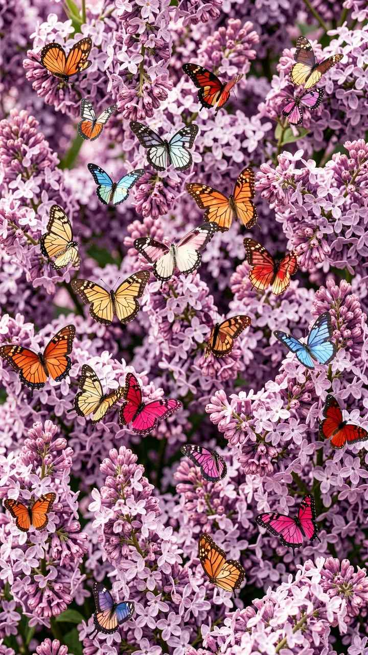 Colorful scattered butterflies rest and float among dense purple lilac flower clusters for a vertical wallpaper design