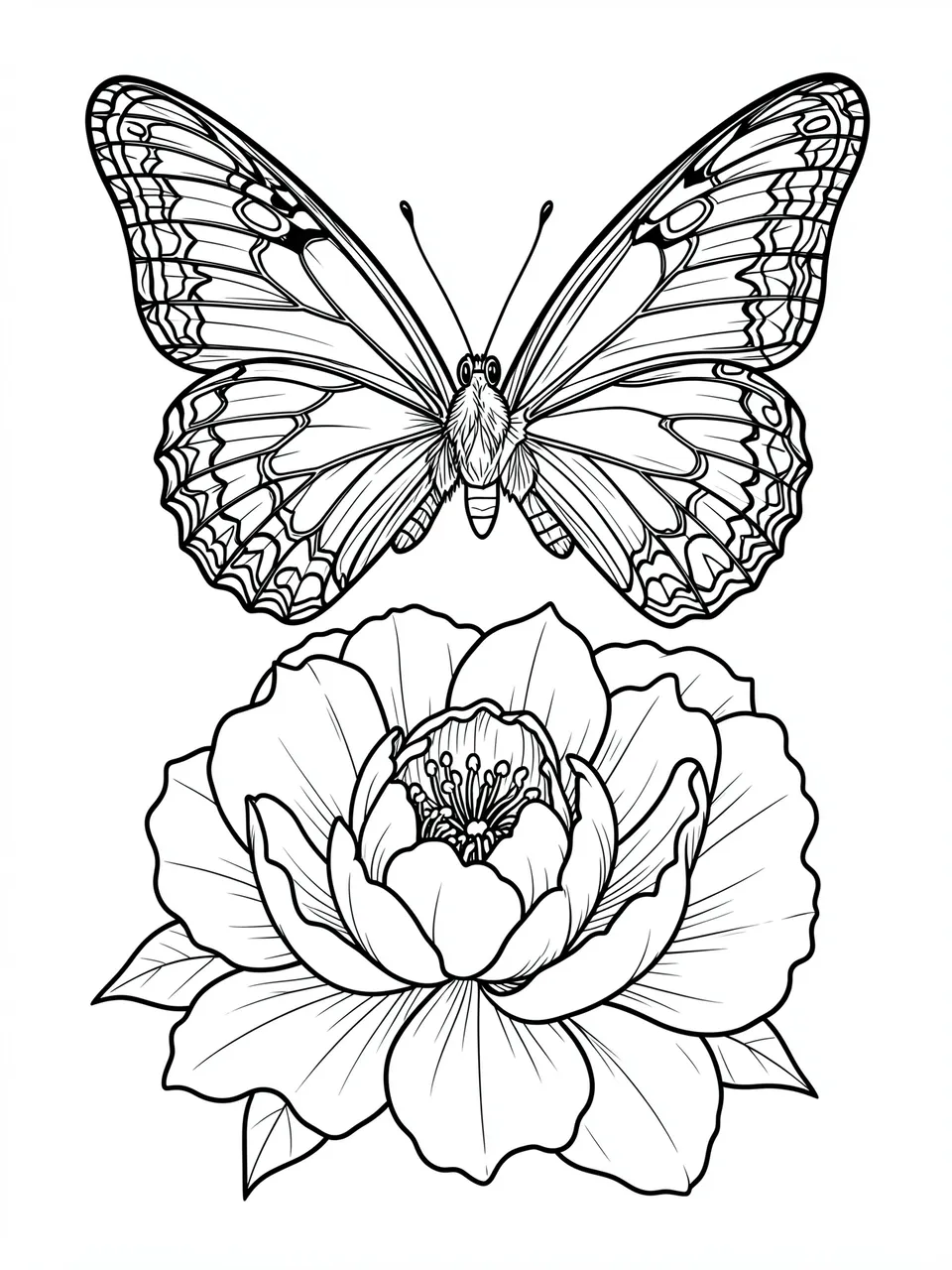 Intricate black line art of a detailed butterfly positioned above a full peony bloom on a white background
