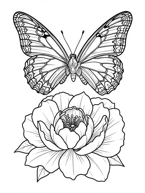 Intricate black line art of a detailed butterfly positioned above a full peony bloom on a white background