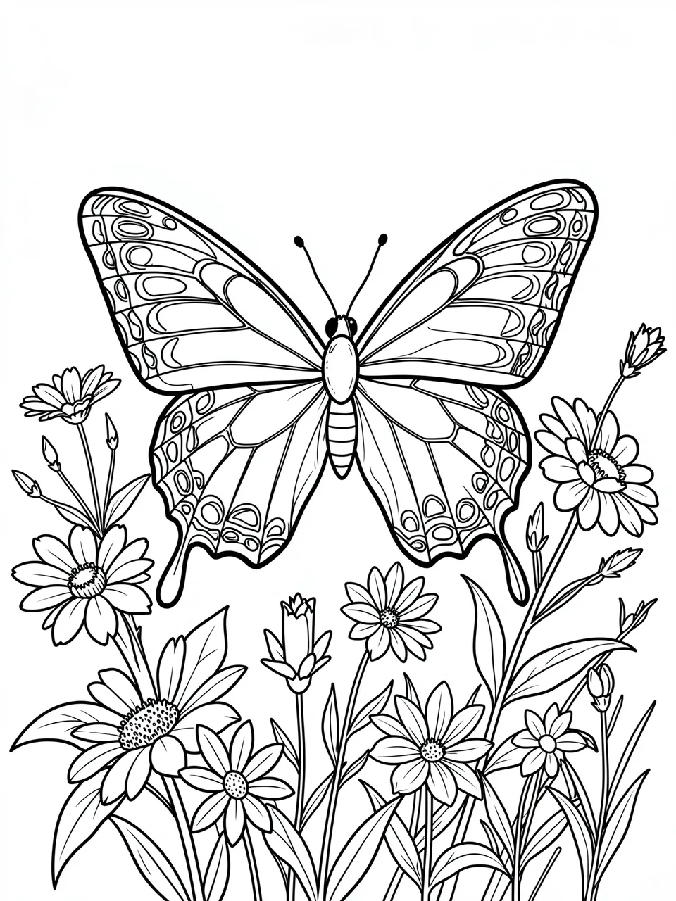 Black and white line art of a patterned butterfly surrounded by blooming wildflowers on a plain white background