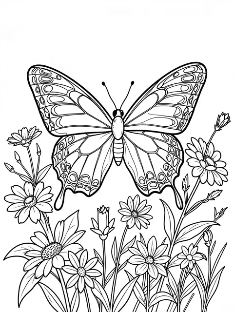 Black and white line art of a patterned butterfly surrounded by blooming wildflowers on a plain white background