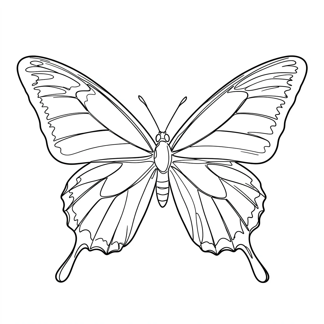 Black line art illustration of a spread-winged butterfly centered on a plain white background