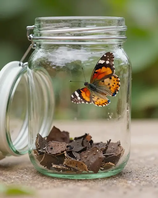 A patterned orange and brown butterfly hovers inside an open glass jar beside a sunlit garden.