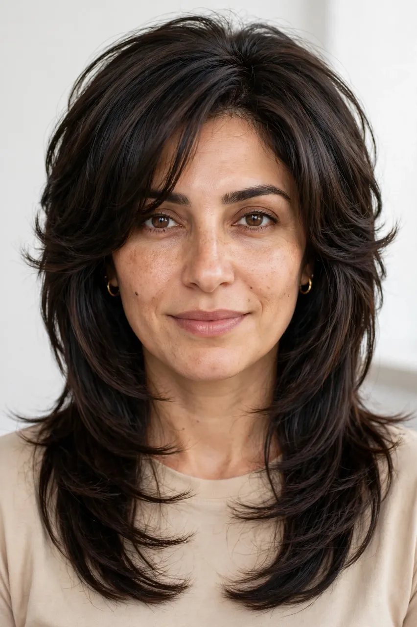 Portrait of a Middle Eastern woman in her thirties with a butterfly haircut, wearing a beige top and small gold hoop