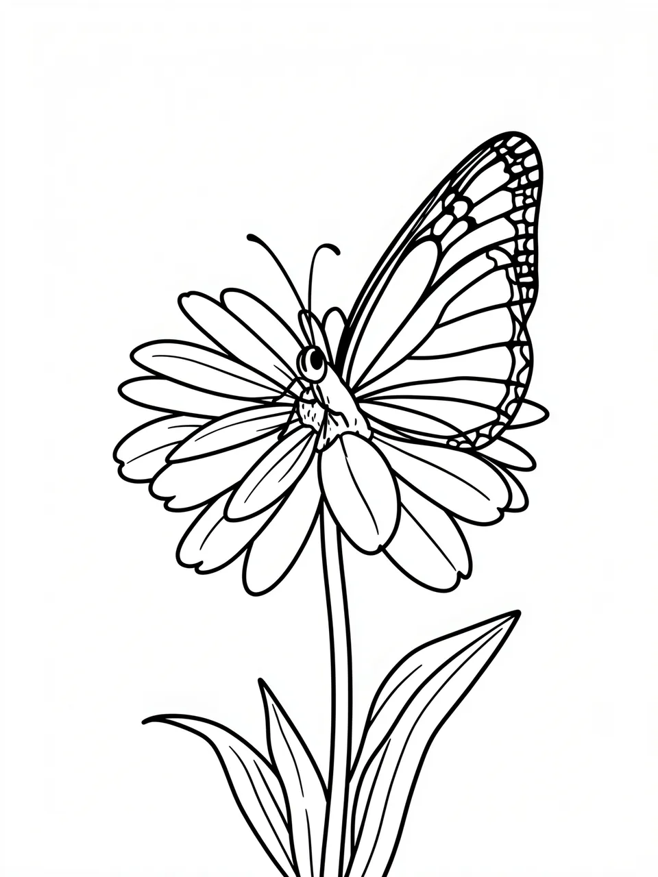 Black and white bold line art of a butterfly resting on top of a daisy flower on a plain white background