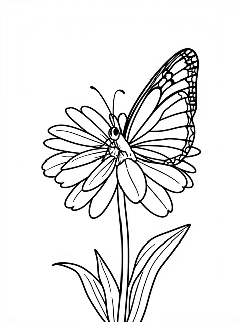 Black and white bold line art of a butterfly resting on top of a daisy flower on a plain white background
