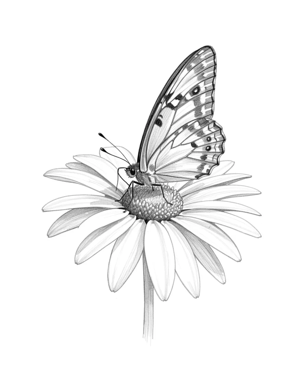 Graphite pencil sketch of a patterned butterfly perched on the center of a daisy flower.