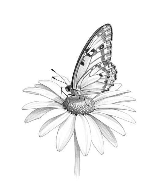 Graphite pencil sketch of a patterned butterfly perched on the center of a daisy flower.