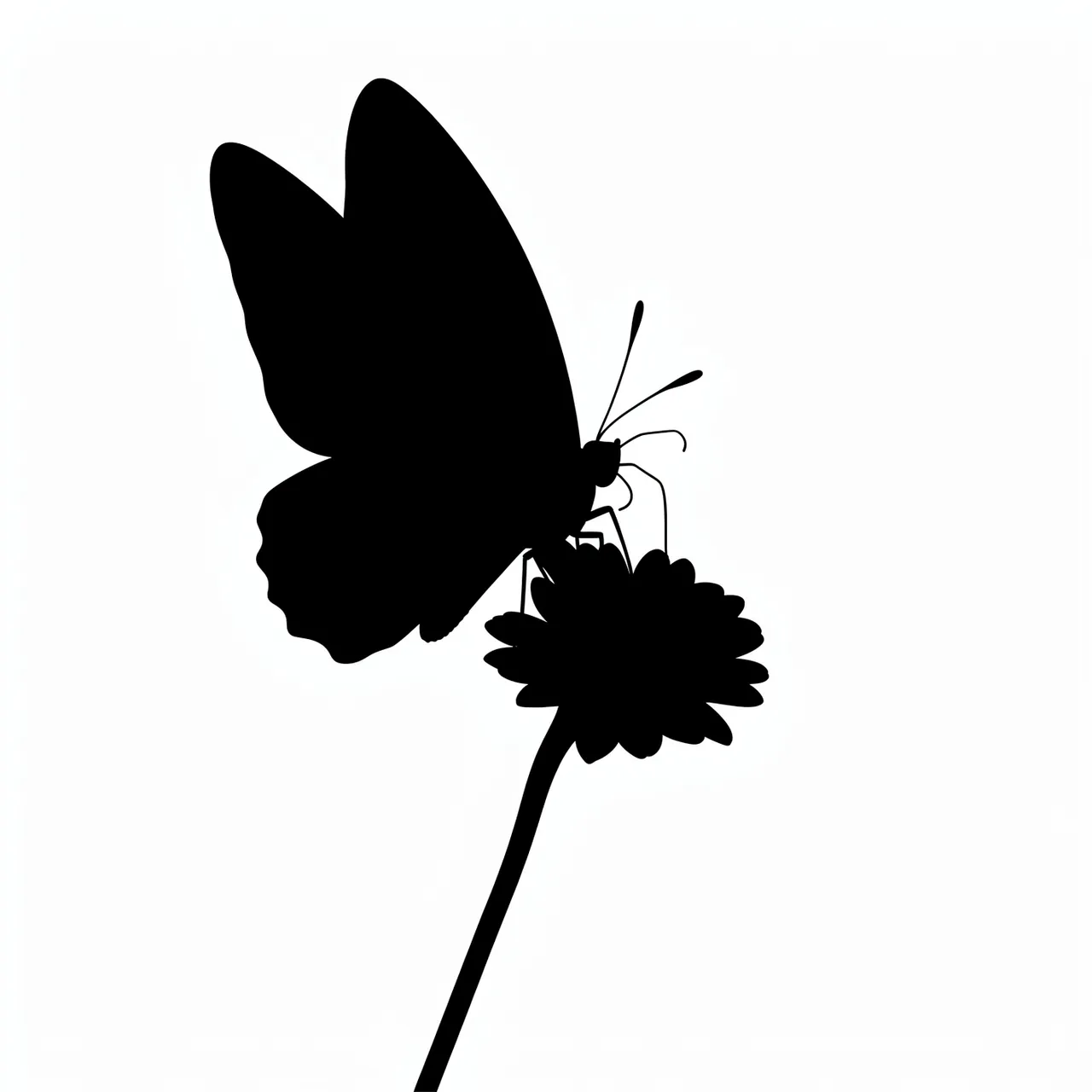 Solid black silhouette of a butterfly with raised wings resting on a flower stem against a plain white background