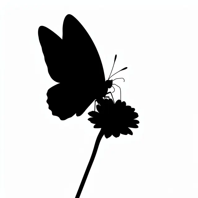 Solid black silhouette of a butterfly with raised wings resting on a flower stem against a plain white background