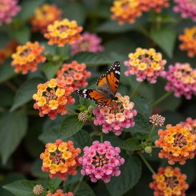A patterned orange, black and white butterfly rests on a cluster of pink, orange and yellow lantana blooms.