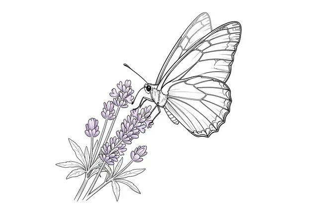Fine line art drawing of a butterfly landing on a lavender sprig against a plain white background
