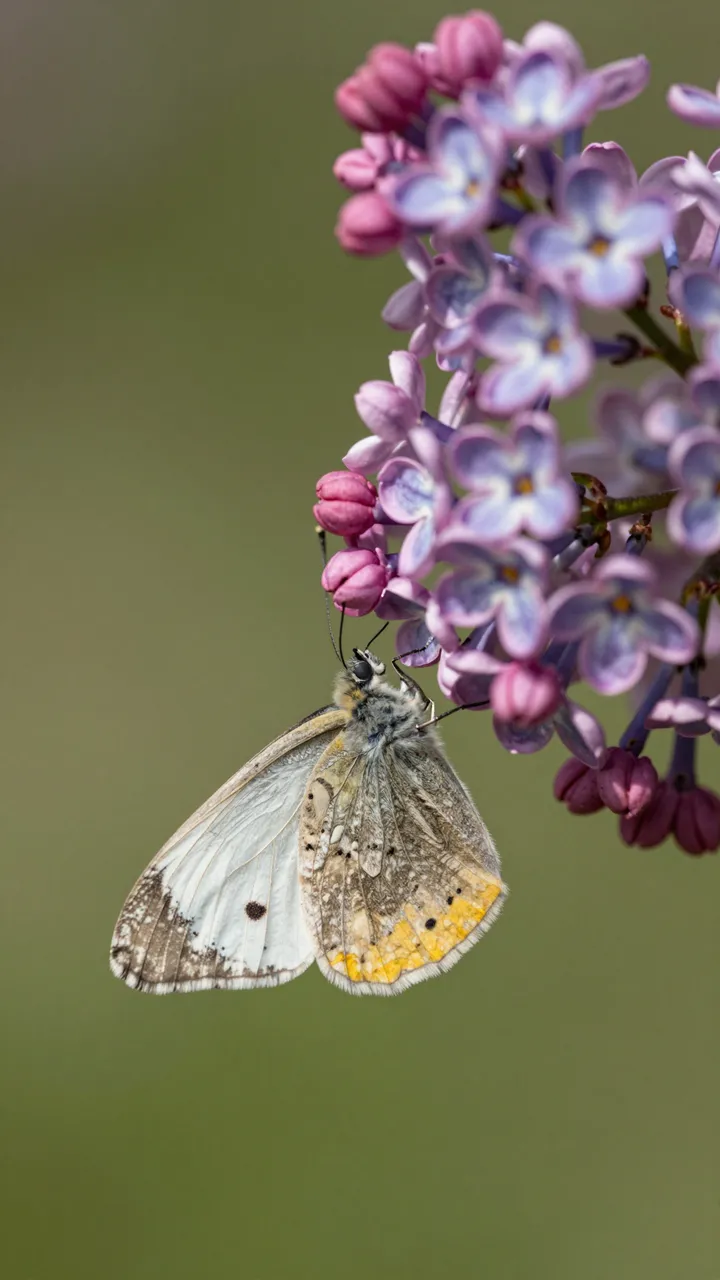 A patterned white, gray and yellow butterfly perched on a blooming lilac flower cluster against soft green bokeh.