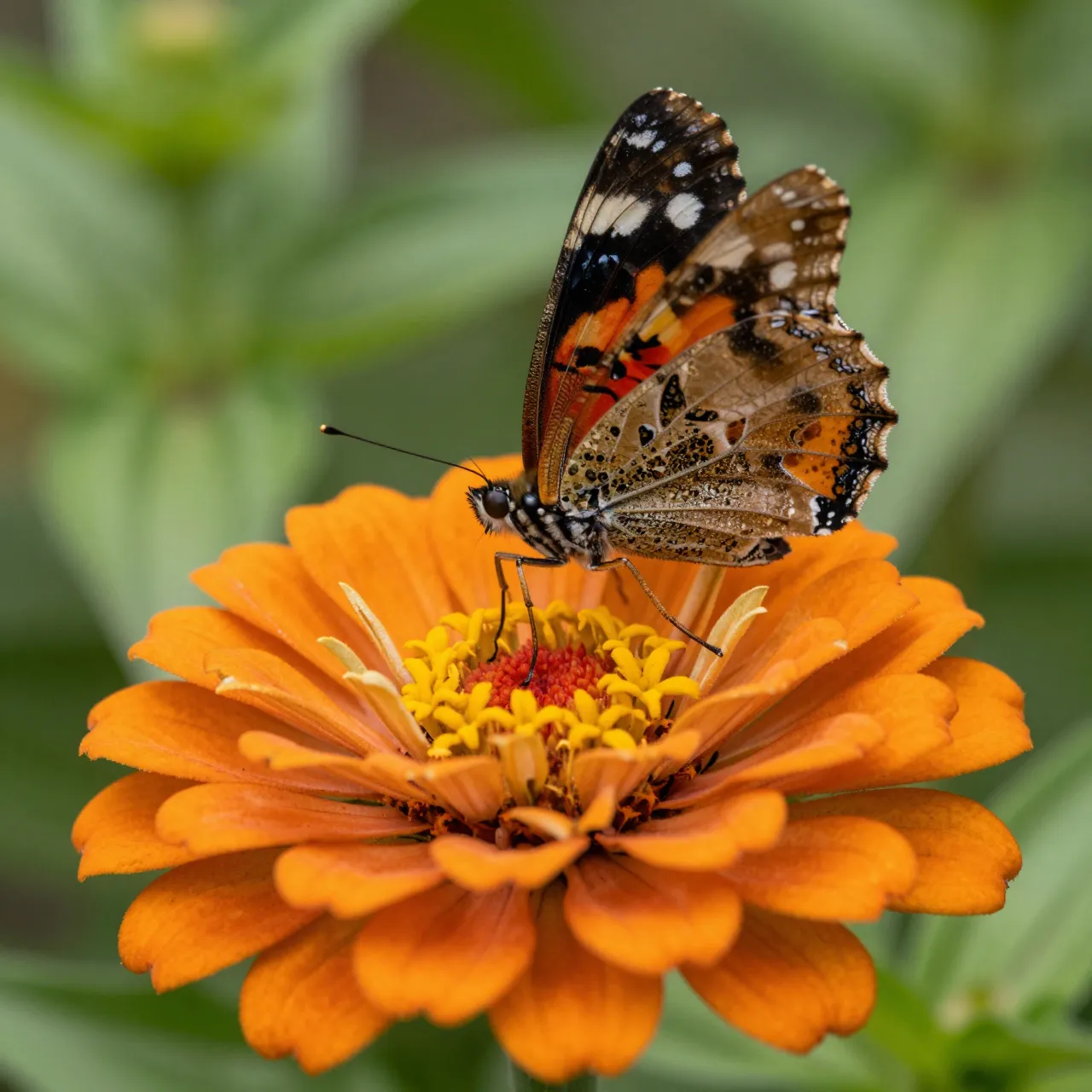 A patterned butterfly rests on the center of a vibrant orange zinnia bloom