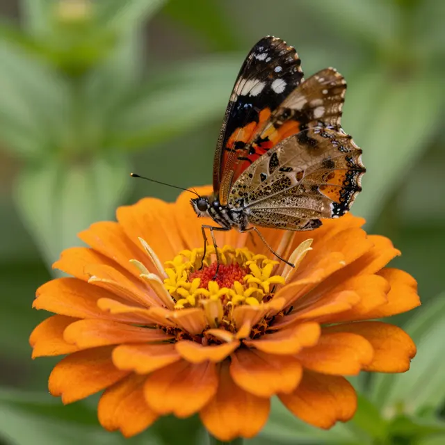 A patterned butterfly rests on the center of a vibrant orange zinnia bloom