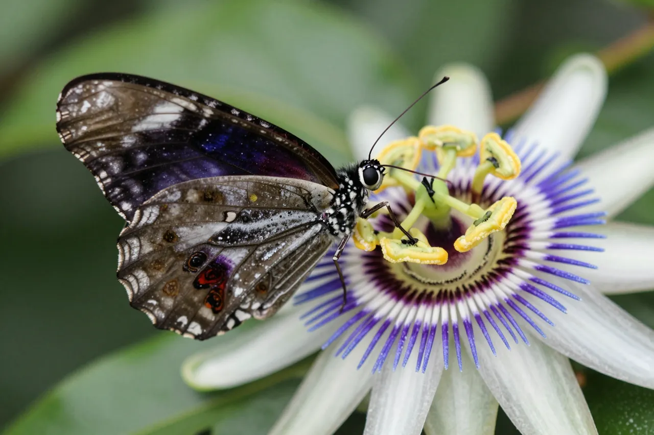 A patterned butterfly rests perched on the center of an open passionflower against blurred green foliage.