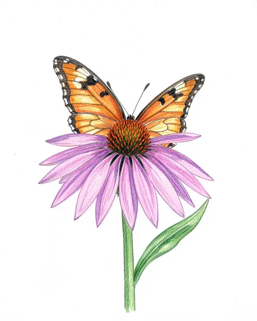 Colored pencil drawing of an orange butterfly resting on a purple coneflower against white paper