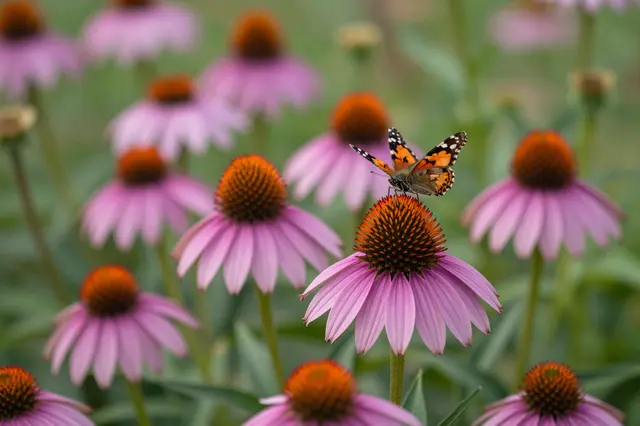 A painted lady butterfly rests on the central cone of a blooming purple coneflower in a garden of echinacea.