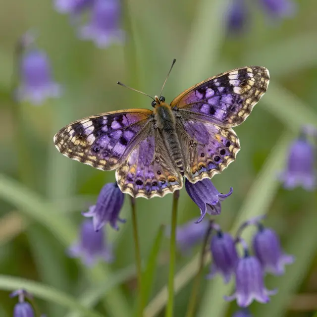 A patterned purple and brown butterfly rests with spread wings atop nodding purple bell flowers in a meadow