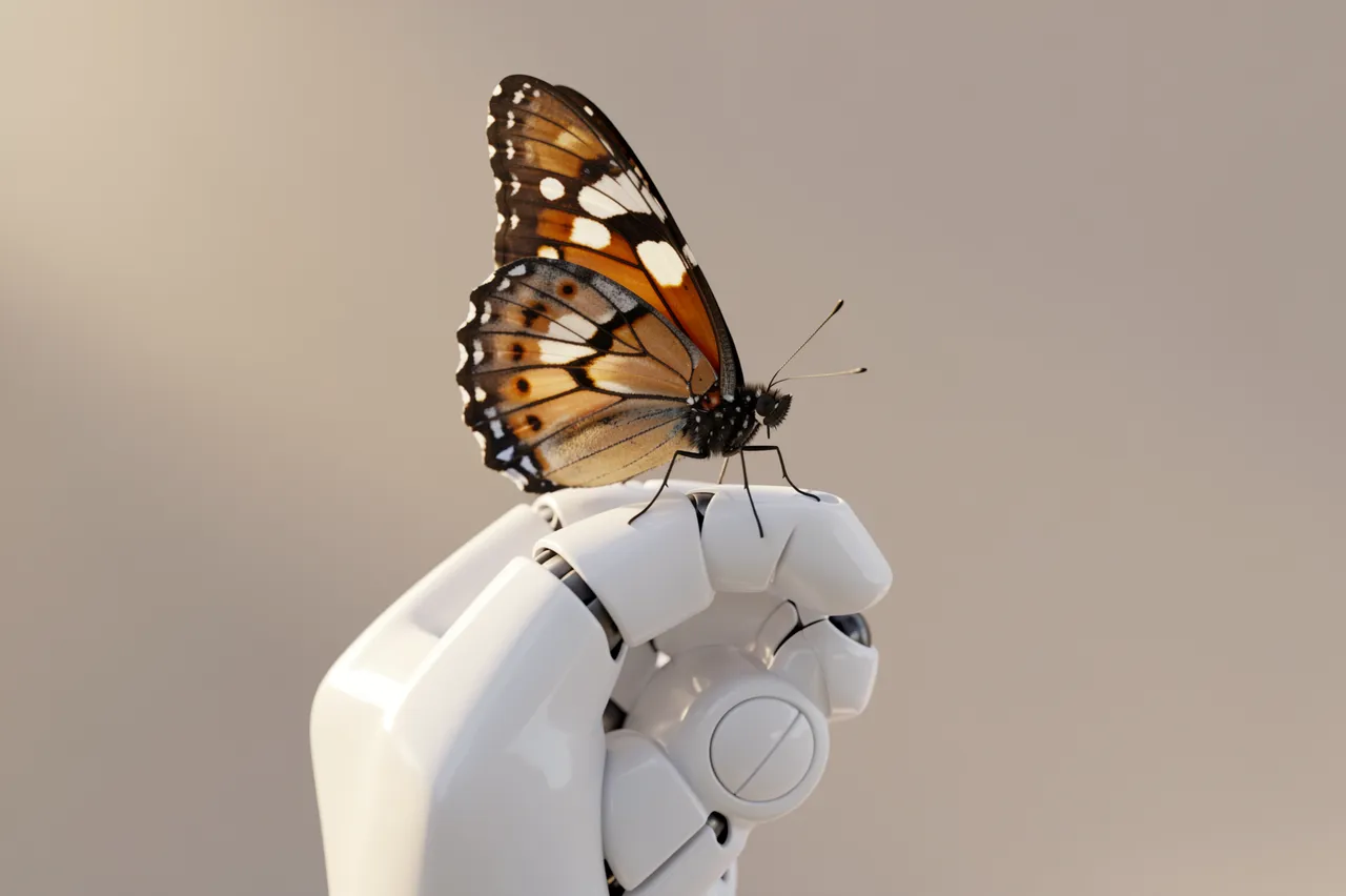 A patterned orange butterfly rests gently on the tip of a glossy white robotic hand in soft warm morning light