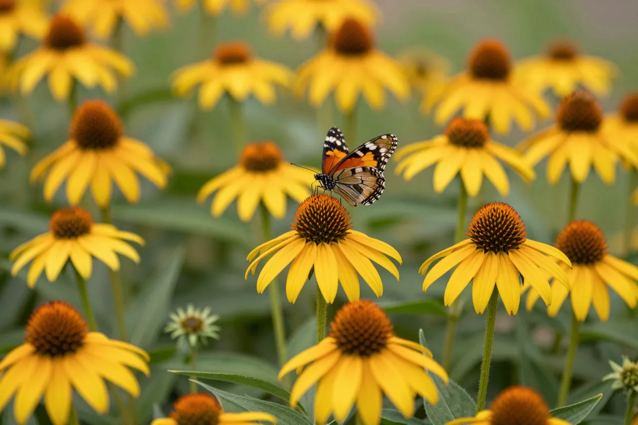 A patterned butterfly rests on the center of a bright yellow coneflower in a garden bed.
