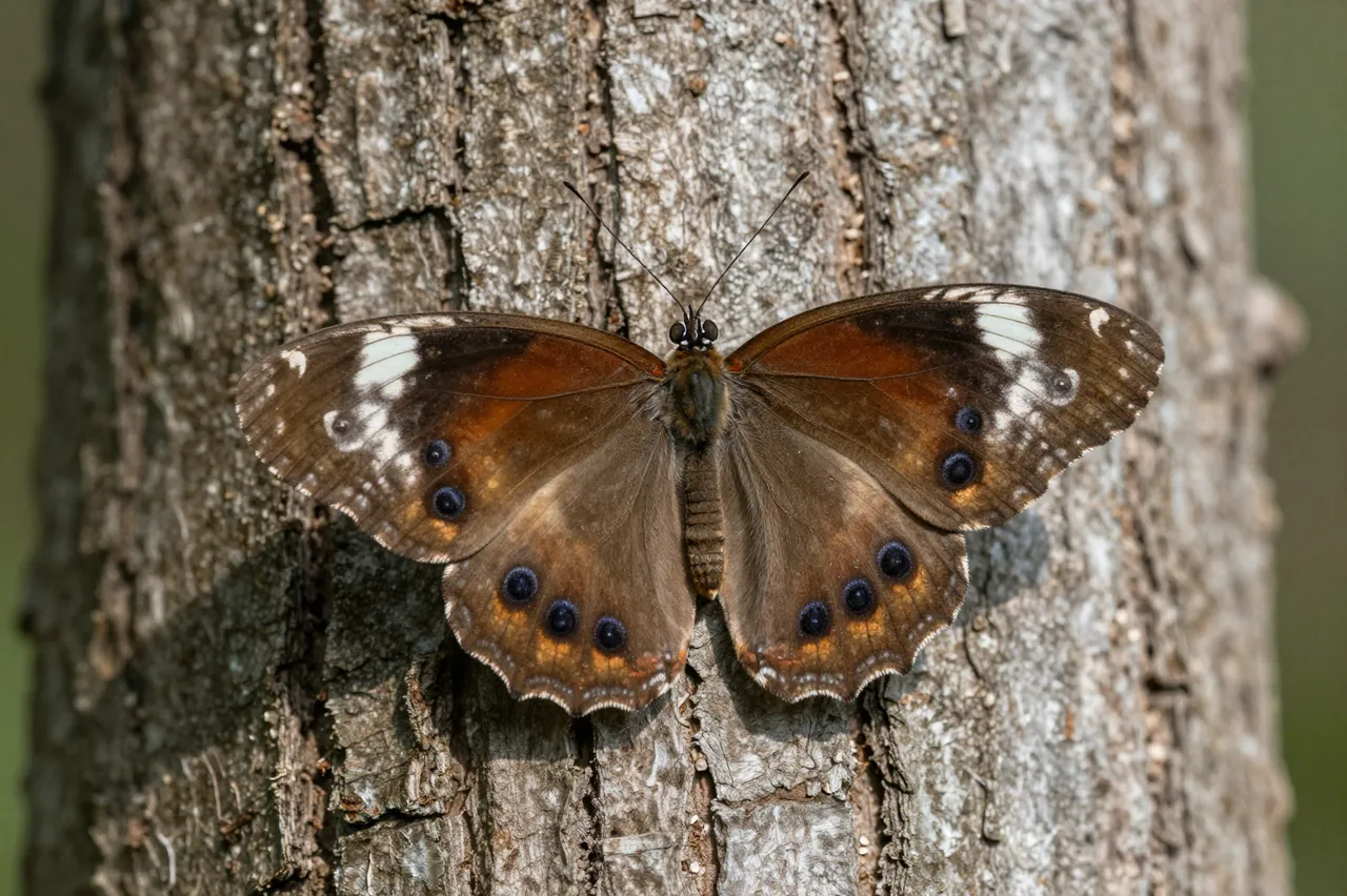 A brown, orange and white patterned butterfly rests with wings spread on rough tree bark