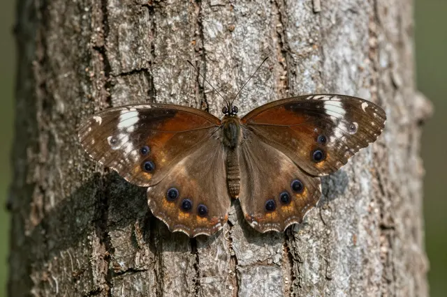 A brown, orange and white patterned butterfly rests with wings spread on rough tree bark