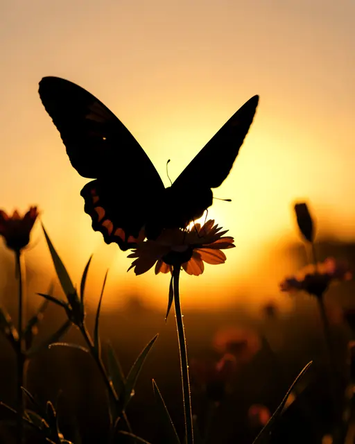 A black butterfly silhouette rests on a wildflower against a warm golden sunset sky