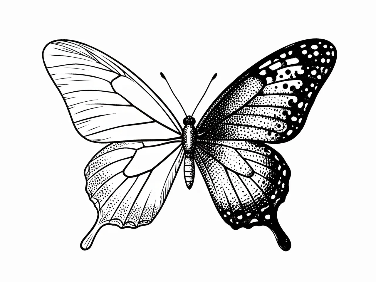 Black ink butterfly tattoo design with fine line left wings and dotwork right wings on white background
