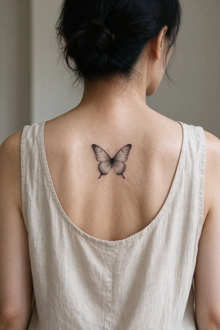 Back view of an East Asian woman showing a delicate black butterfly tattoo on her upper back over a sleeveless linen top.