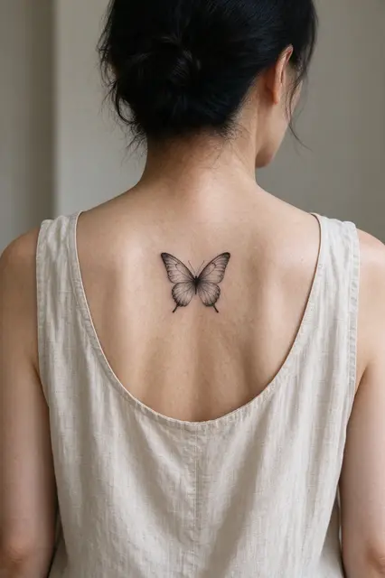 Back view of an East Asian woman showing a delicate black butterfly tattoo on her upper back over a sleeveless linen top.