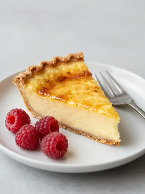 A slice of caramelized buttermilk pie rests on a white plate with fresh raspberries and a silver fork.