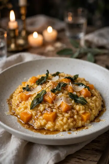 Creamy butternut squash risotto topped with crispy sage, parmesan and brown butter sits on a candlelit wooden dining table.