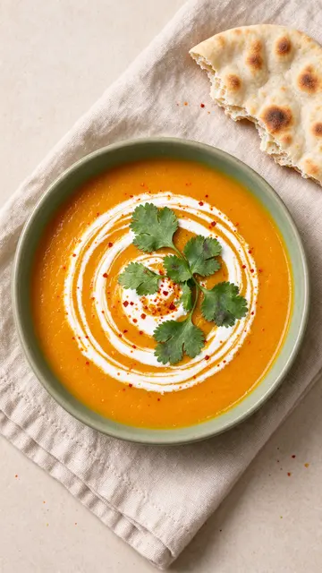 Overhead view of a bowl of butternut squash soup with cream swirl, cilantro, chili flakes, and torn flatbread on a linen